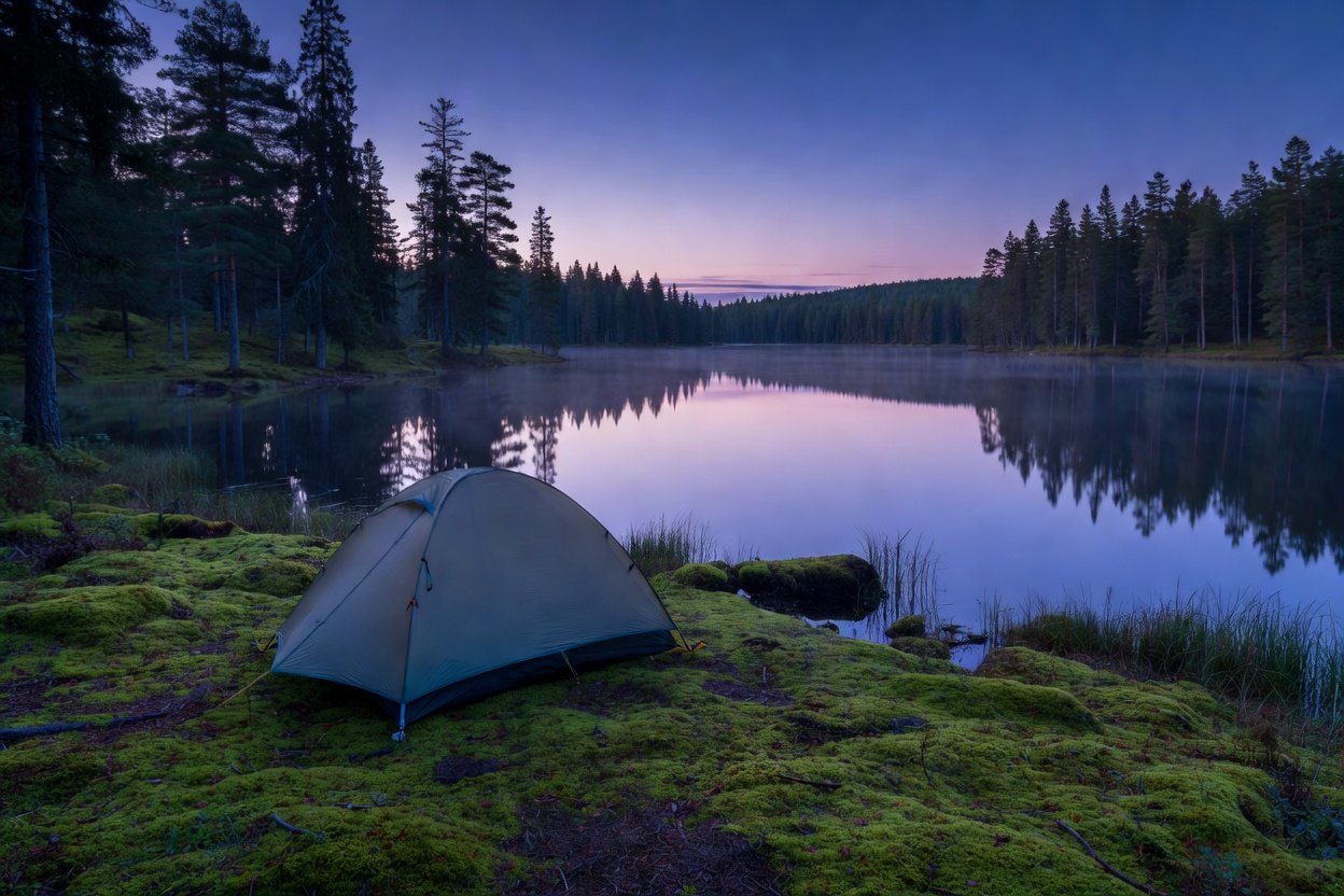 Backpacking tent pitched on mossy ground near a still forest lake at twilight