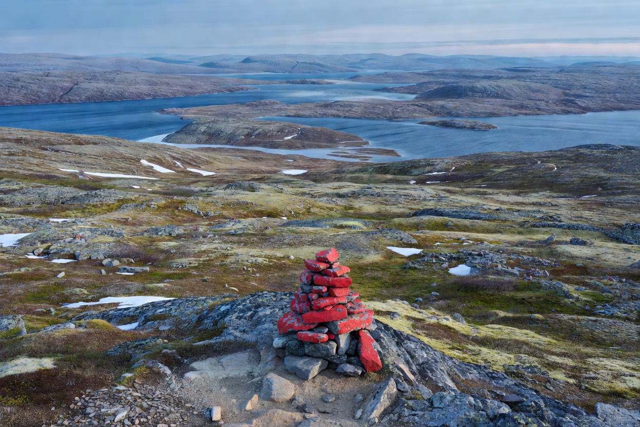 Expansive view of Arctic fell terrain with red-painted route cairn in the foreground overlooking distant waterways