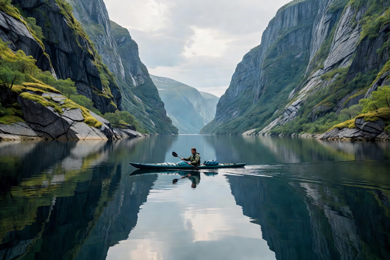 Expedition sea kayaker gliding through glassy fjord waters reflected off towering rock walls