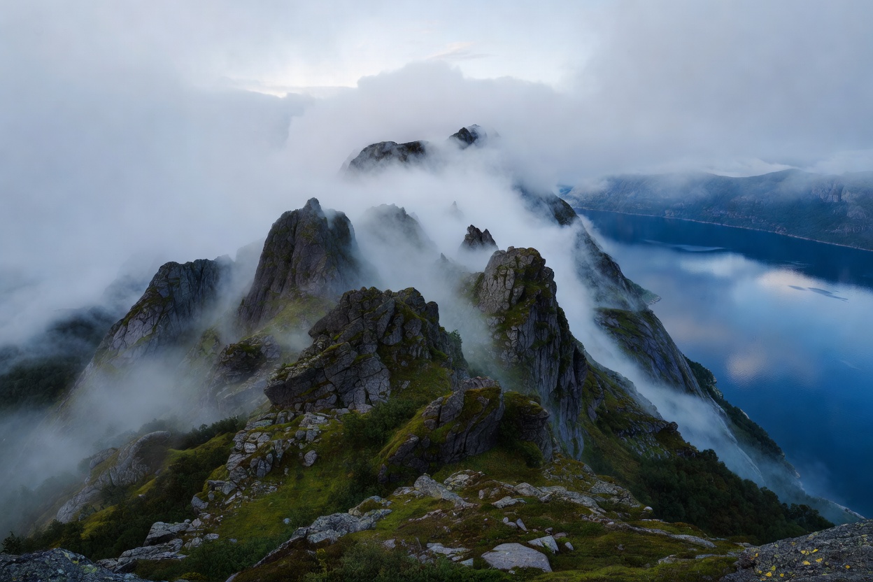 Rugged Scandinavian mountain ridge shrouded in morning mist above a deep blue fjord