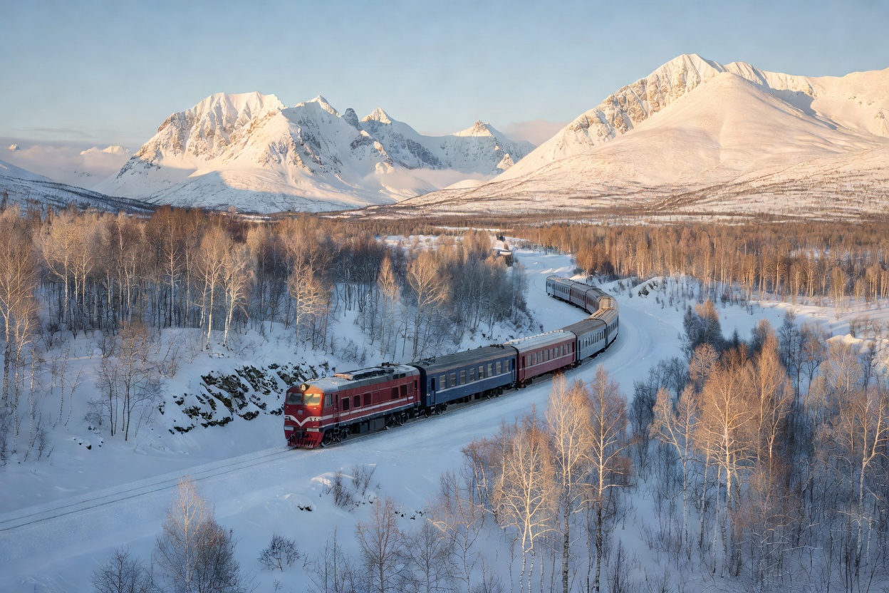 Scenic passenger train winding through Arctic snow-capped peaks and birch forest