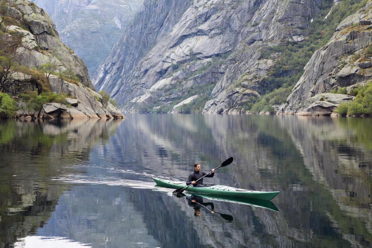 Sea kayak gliding across glassy fjord water beneath sheer granite cliffs