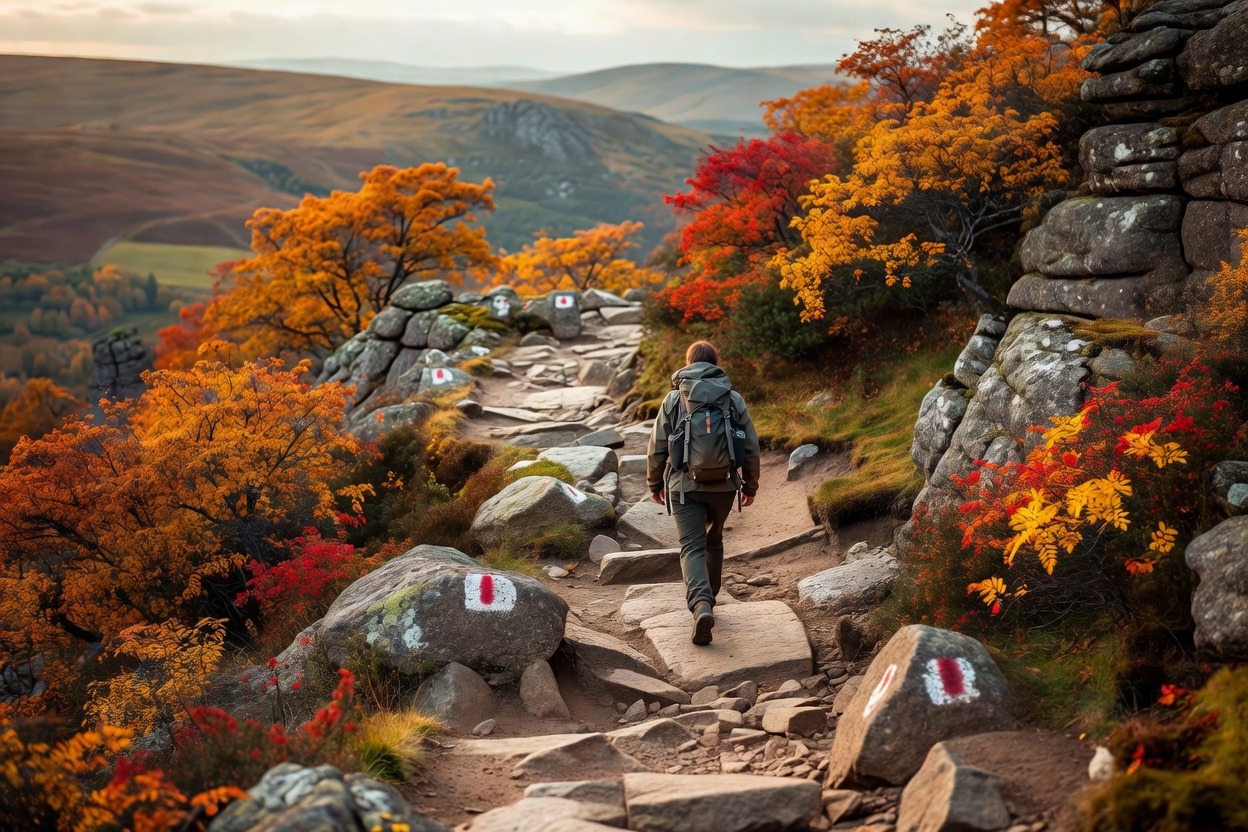Solo hiker walking along a marked granite fell trail in autumn colors