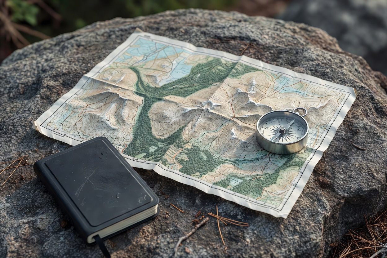 Topographic trail map laid out beside an aluminum compass and waterproof field notebook