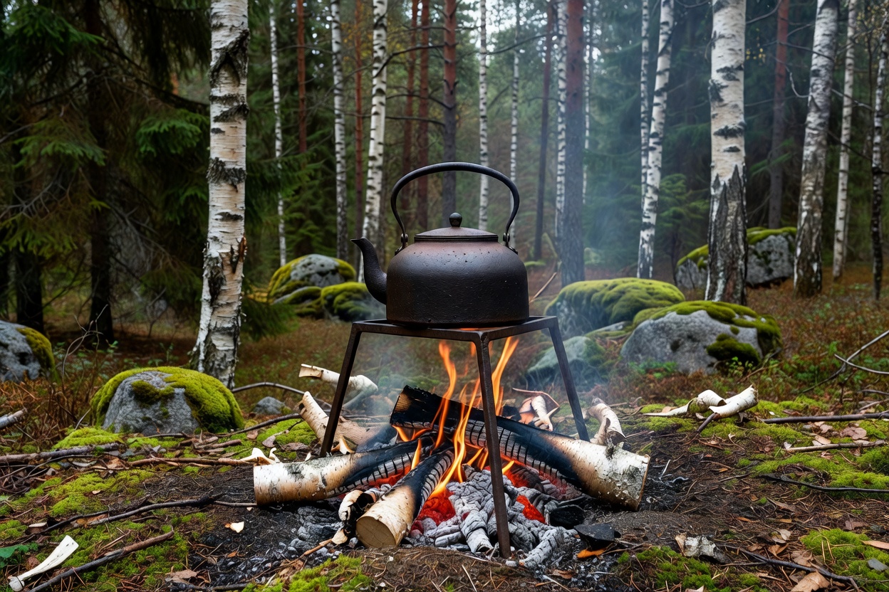 Traditional outdoor coffee kettle heating over birch campfire coals in Scandinavian woods