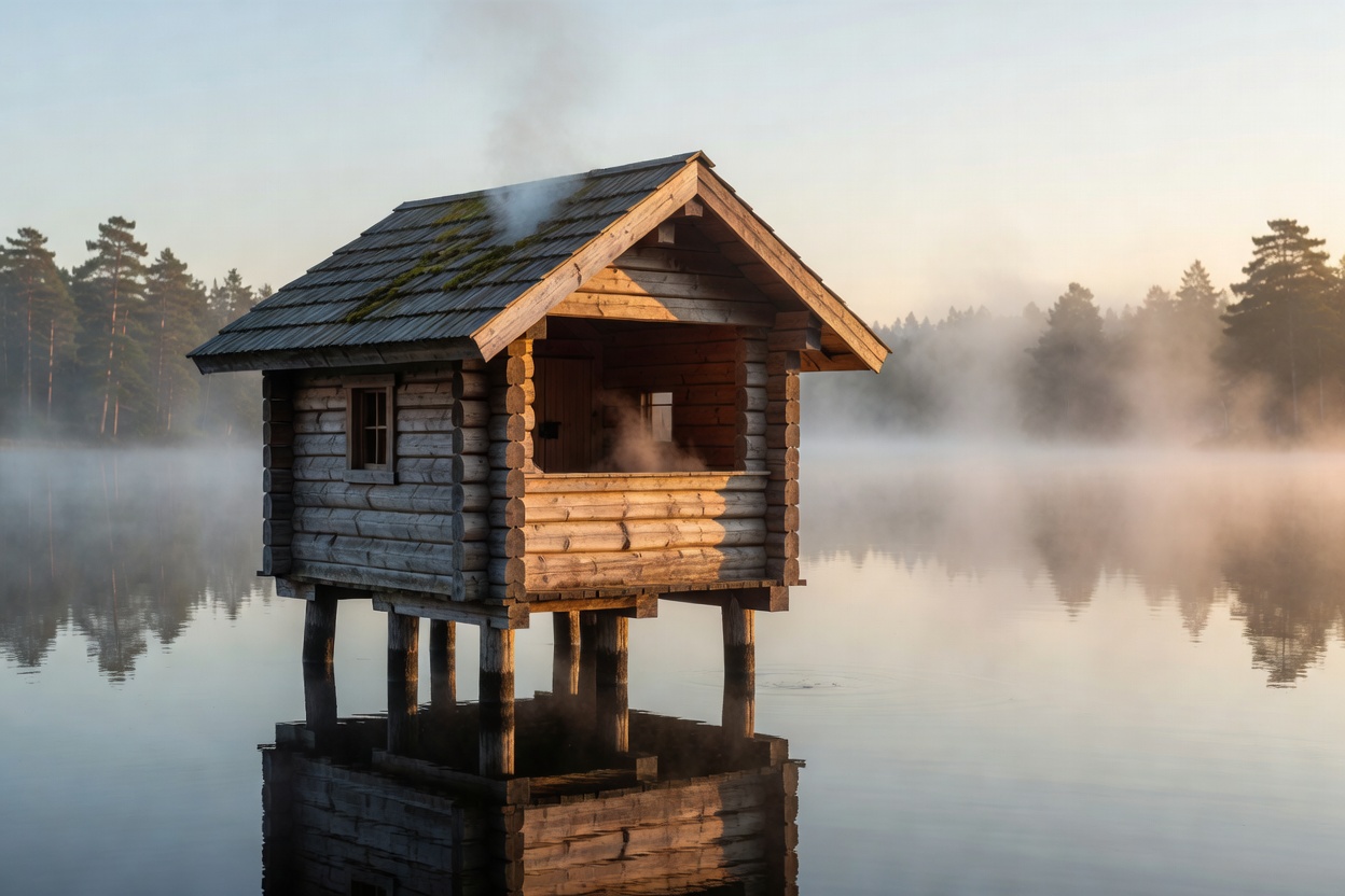 Traditional wood-burning timber sauna perched directly over a misty lake at sunrise